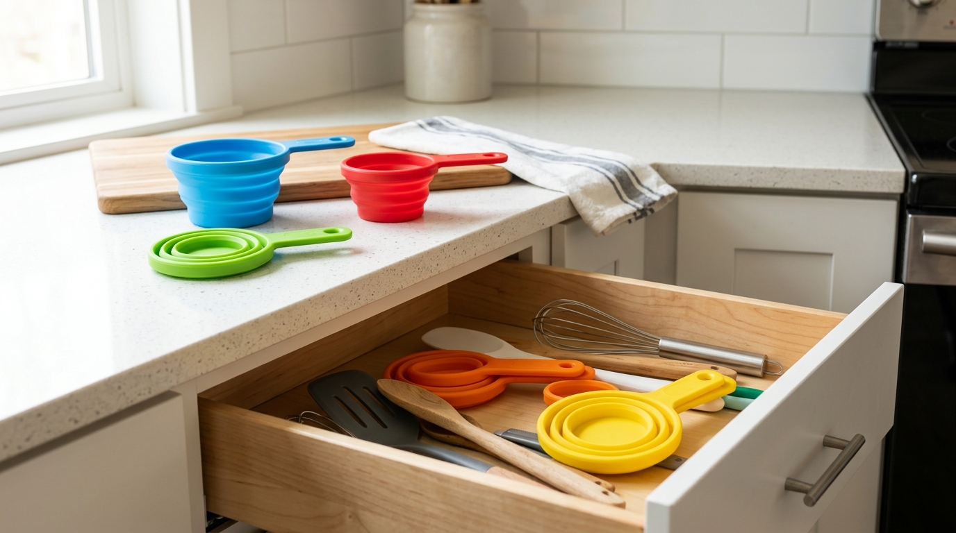 Collapsible silicone measuring cups in bright colors folded flat and open in a drawer