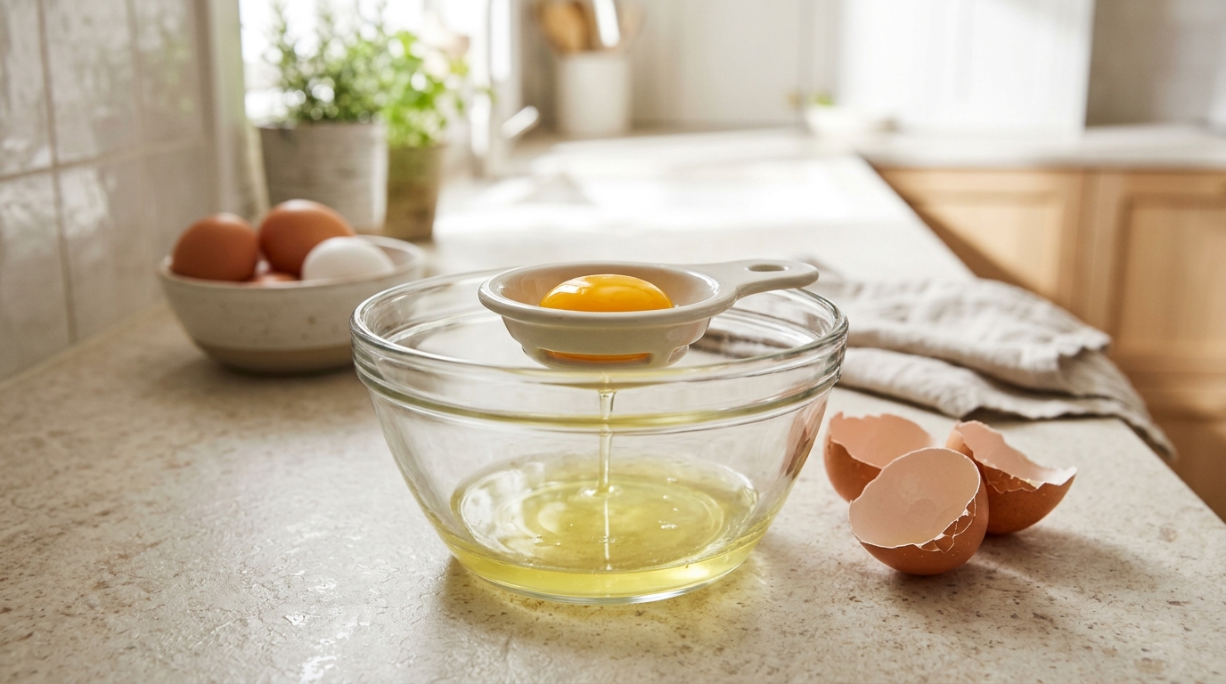 Small egg separator cup on a glass bowl holding a whole yolk with the white below