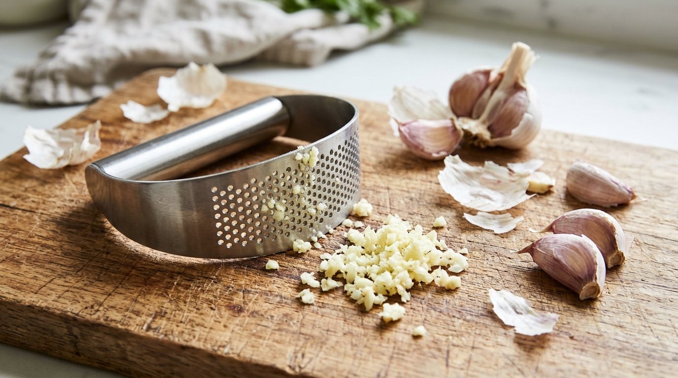 Curved stainless steel garlic rocker press on a wooden board with crushed and whole cloves