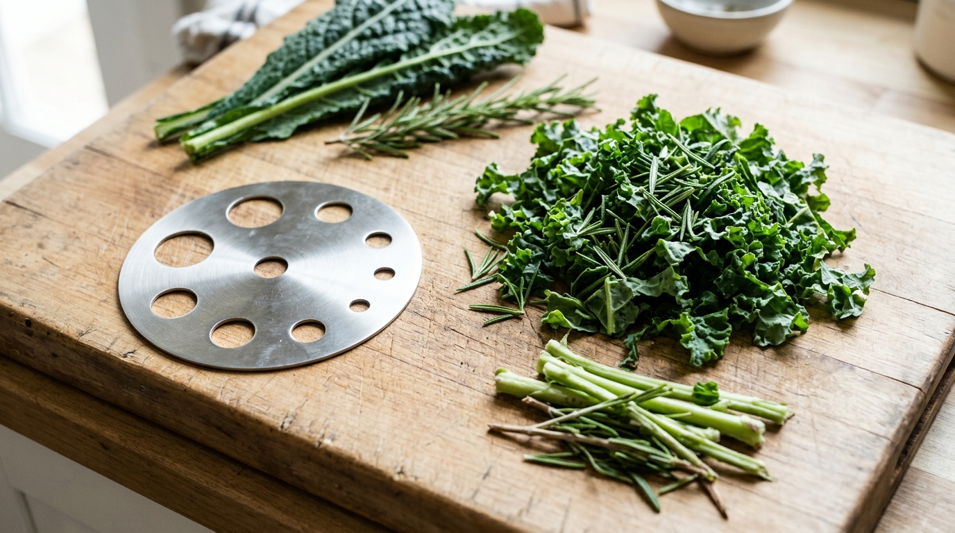 Round herb stripper with different sized holes next to a pile of stripped kale and rosemary