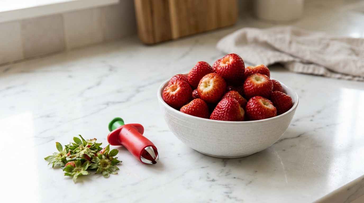 Small strawberry huller tool next to a bowl of hulled strawberries on marble