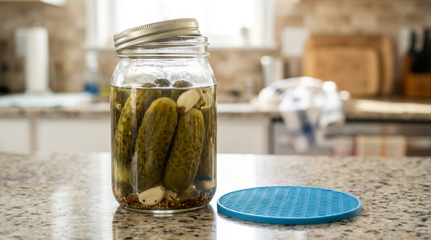 Round rubber jar opener grip pad next to a jar of pickles with a loosened lid