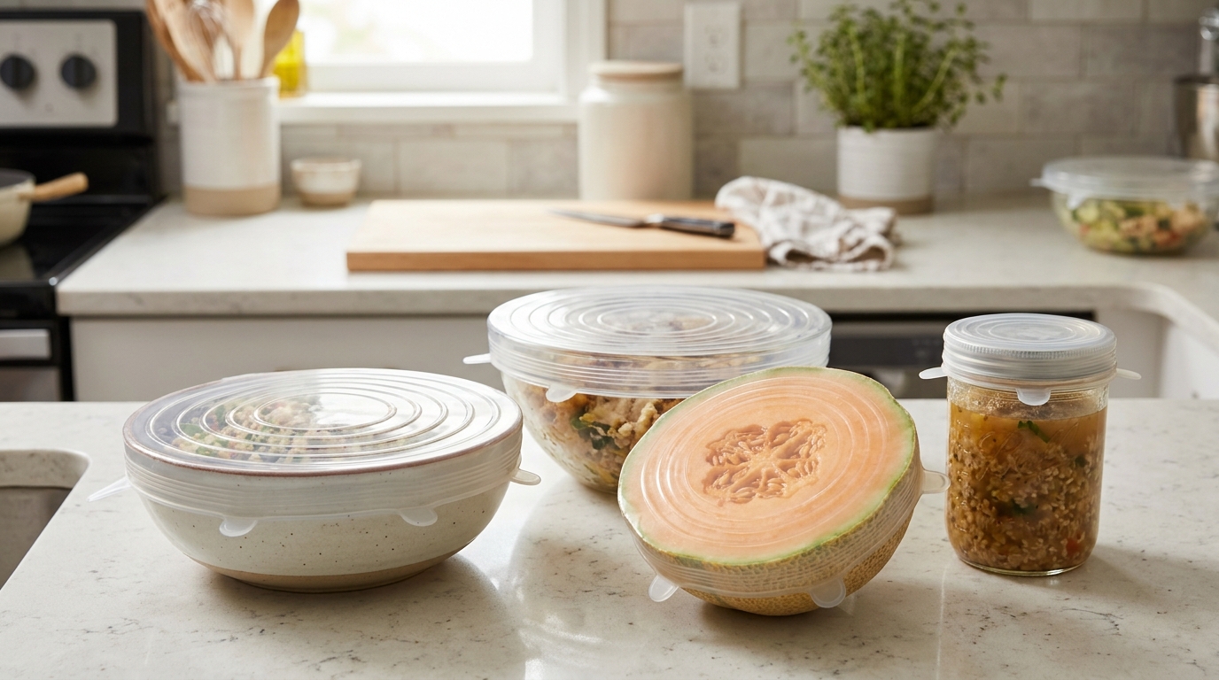 Viral kitchen gadgets: stretchy clear silicone lids stretched over bowls, half a melon and a jar on a counter