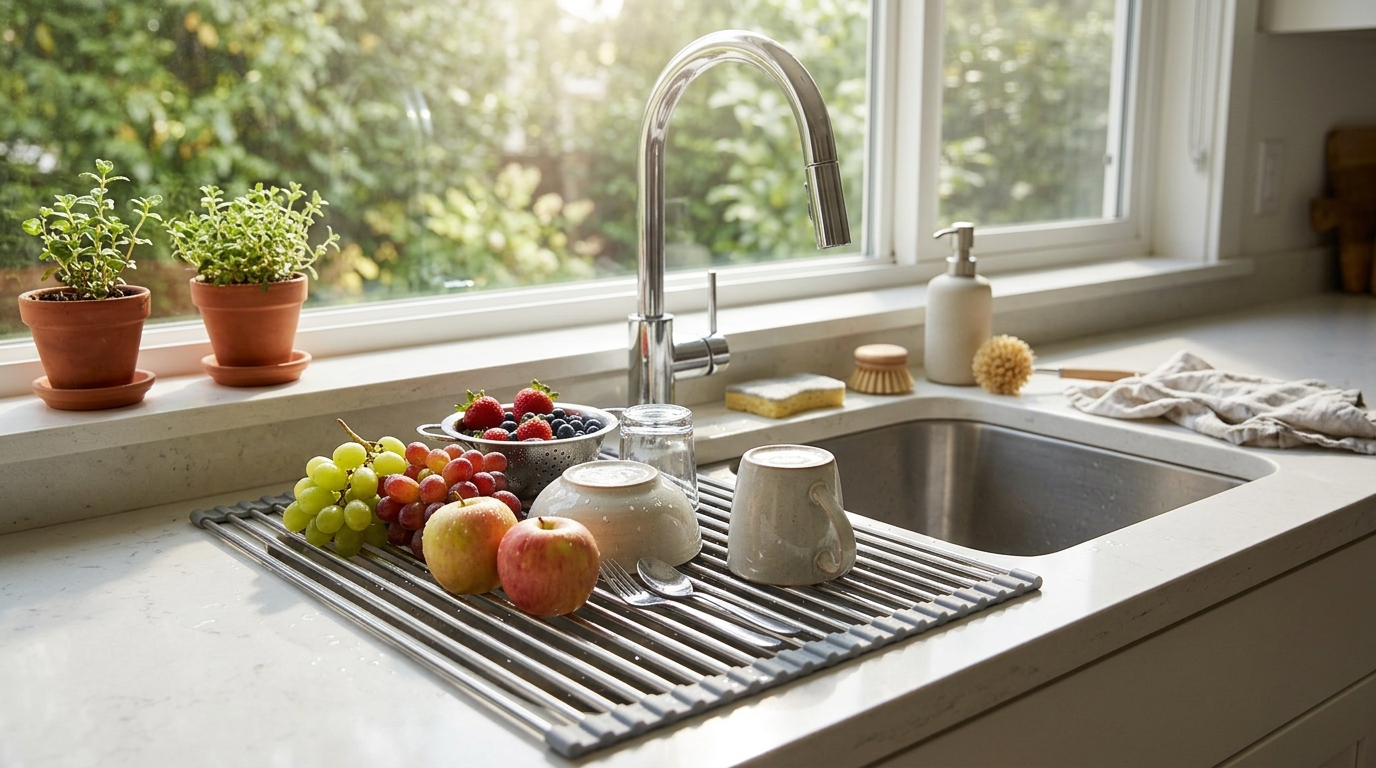 Viral kitchen gadgets: a roll up silicone and steel dish drying rack across a kitchen sink with fruit and dishes