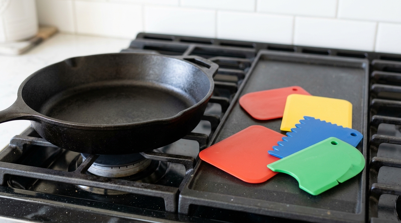 Set of colorful plastic pan scrapers next to a clean cast iron skillet on a stove
