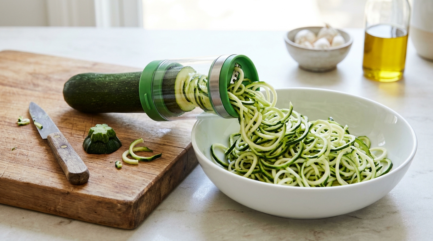 Viral kitchen gadgets: a hand held spiral vegetable cutter turning a zucchini into curly noodles over a white bowl