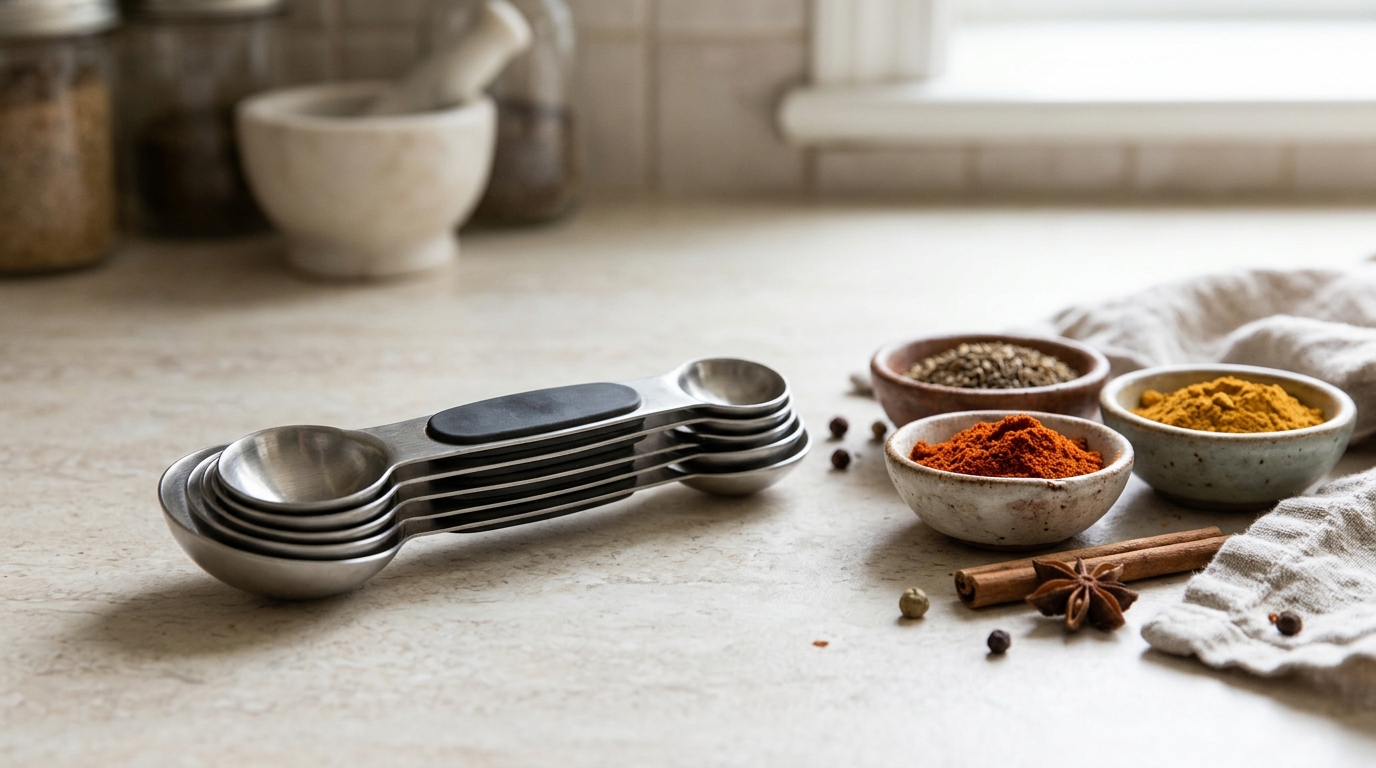 Magnetic double sided measuring spoons stacked together beside small bowls of spices