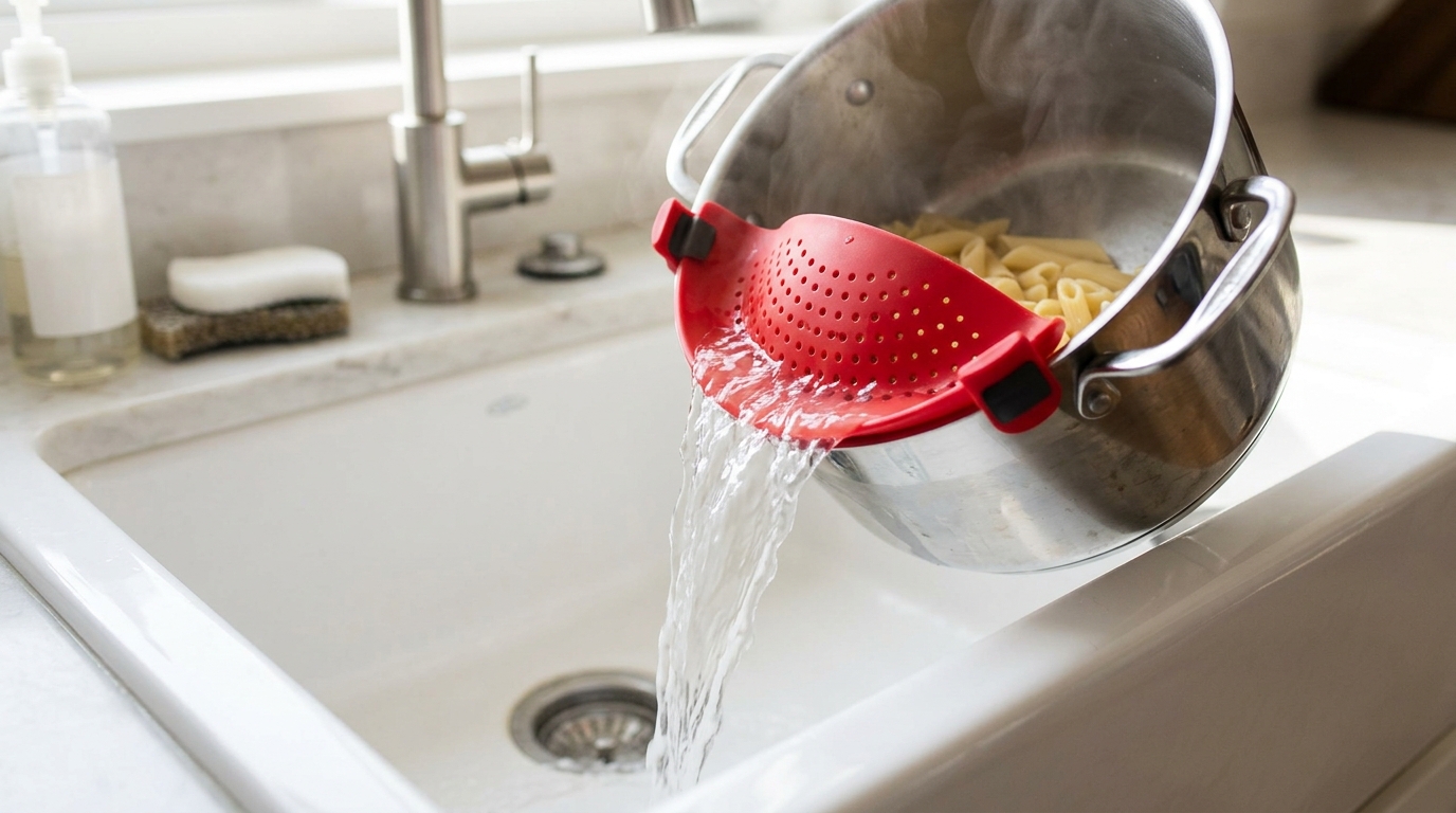 Viral kitchen gadgets: a silicone clip on strainer attached to a steel pot draining pasta water into a sink