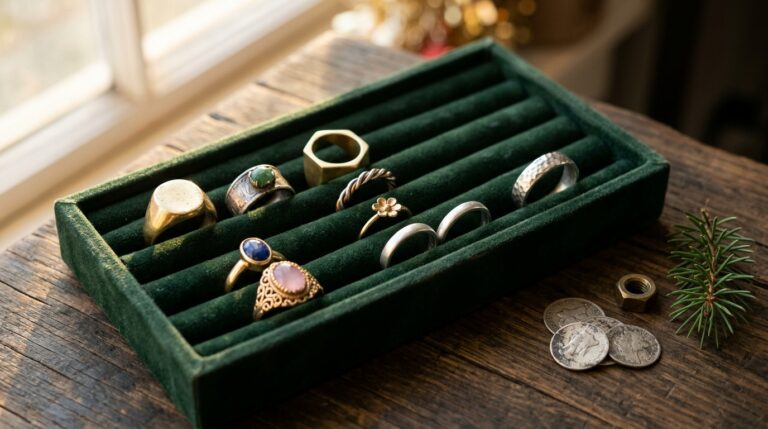 Handmade jewelry gifts on a velvet tray, gold and silver rings with green, blue and pink stones beside old coins and a brass hex nut