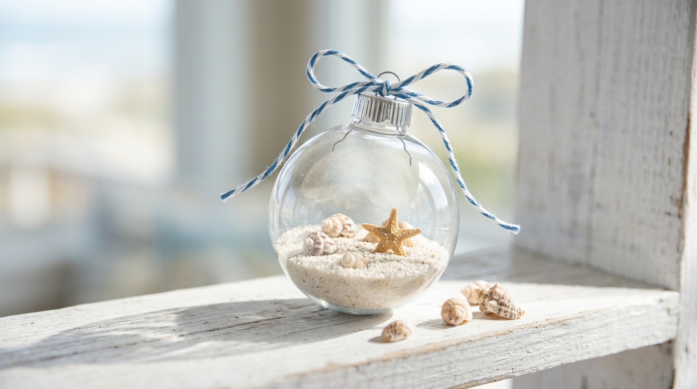 Fillable Christmas ornaments with beach sand, tiny seashells and a small starfish inside on a wooden shelf