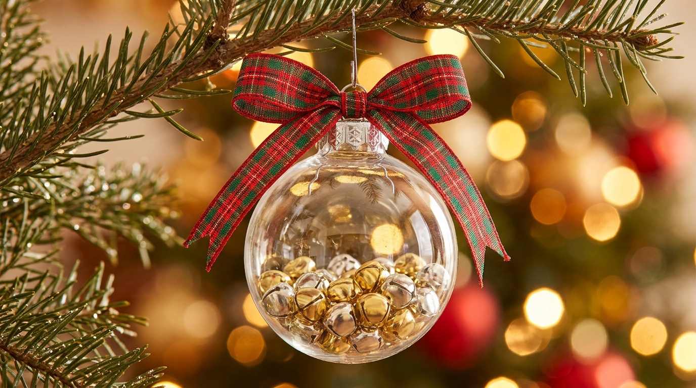 Clear ornament filled with small gold and silver jingle bells tied with a plaid ribbon
