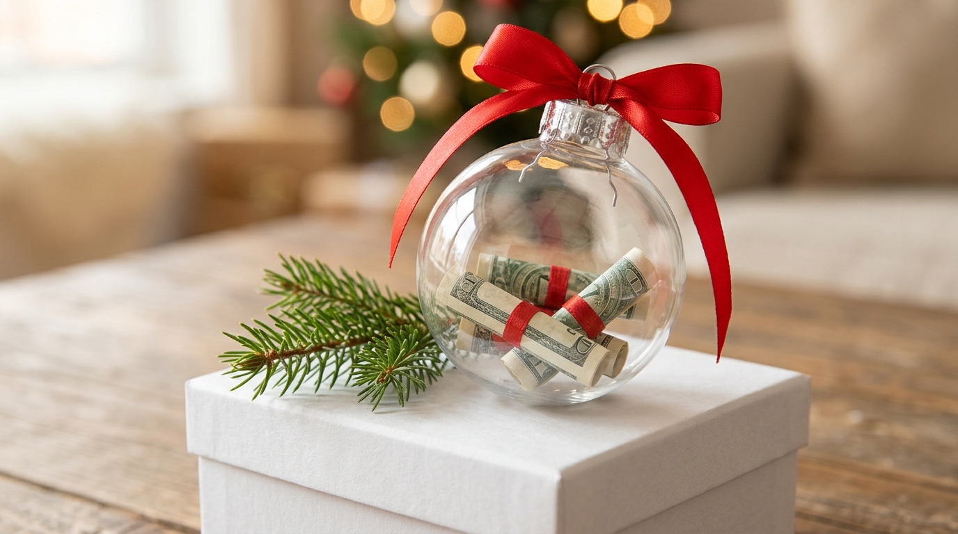 Clear ornament holding rolled paper money tied with thin red ribbon on a gift box