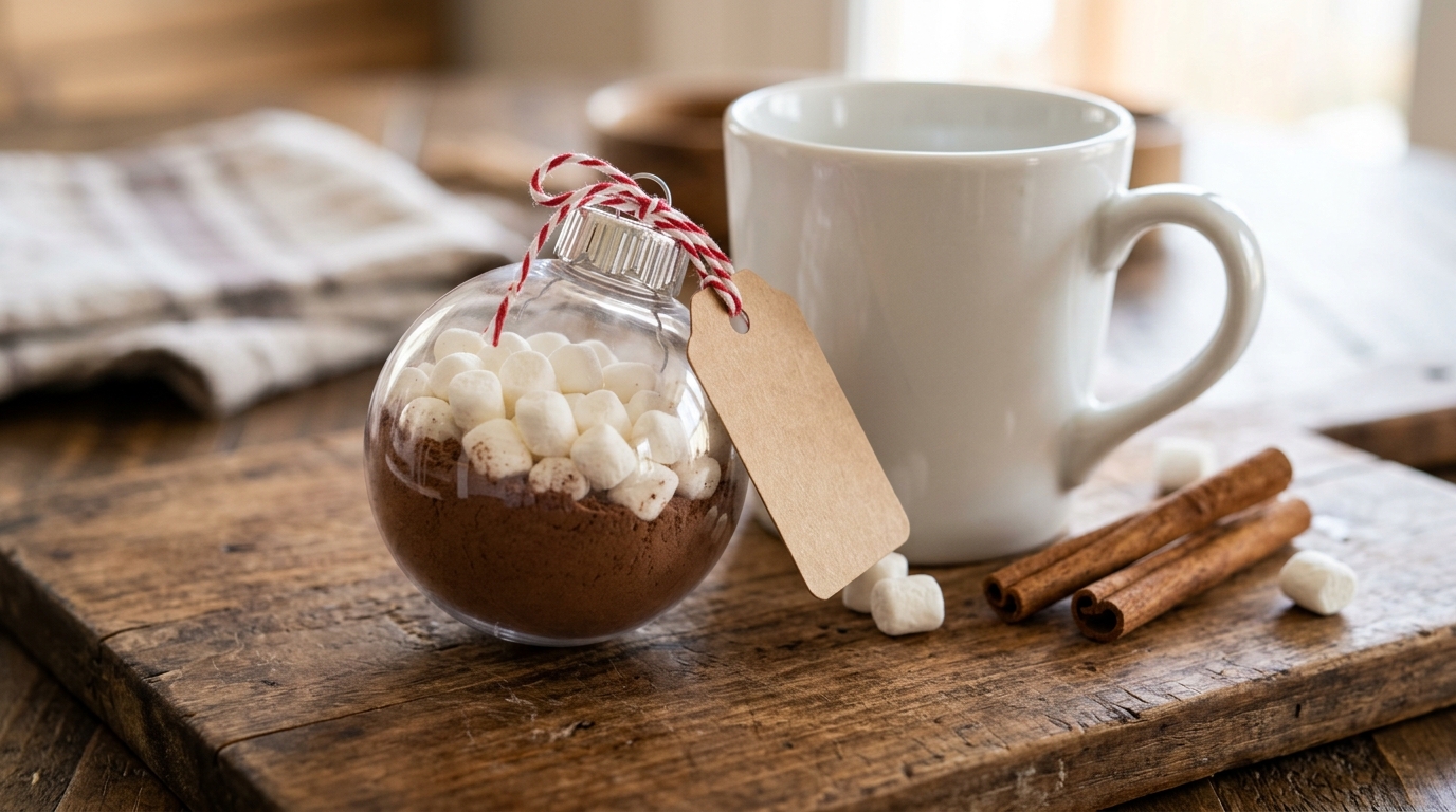 Clear ornament layered with hot cocoa mix and mini marshmallows beside a mug on a wooden board