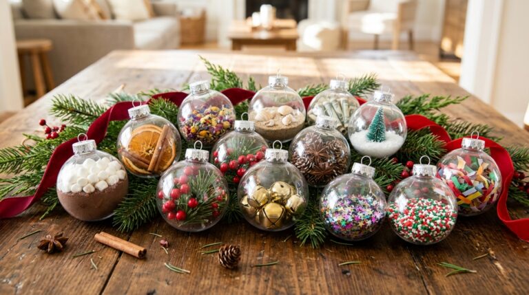 Fillable Christmas ornaments on a table holding cocoa, dried oranges, flowers, shells, rolled cash and tiny trees