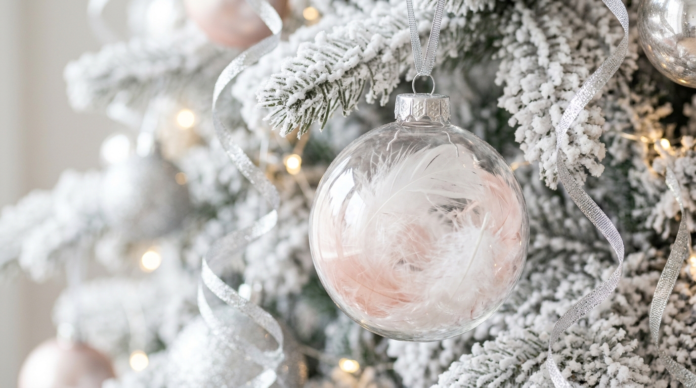 Clear ornament filled with soft white and pale pink feathers on a white Christmas tree