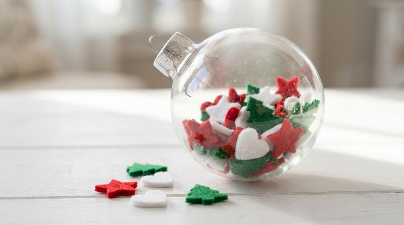 Large clear ornament holding tiny felt stars, hearts and mini trees in red, white and green