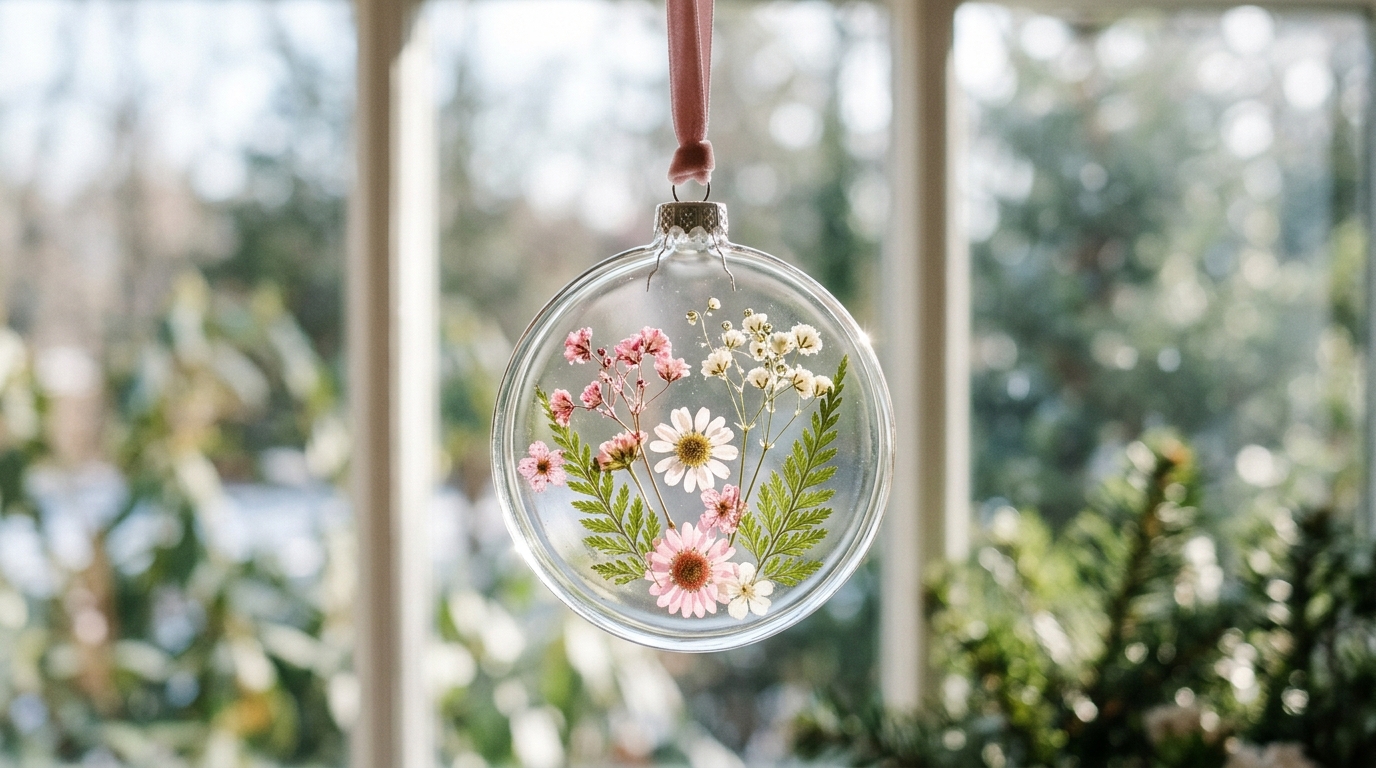 Clear flat disc ornament with pressed pink and white flowers and fern leaves hanging in a window