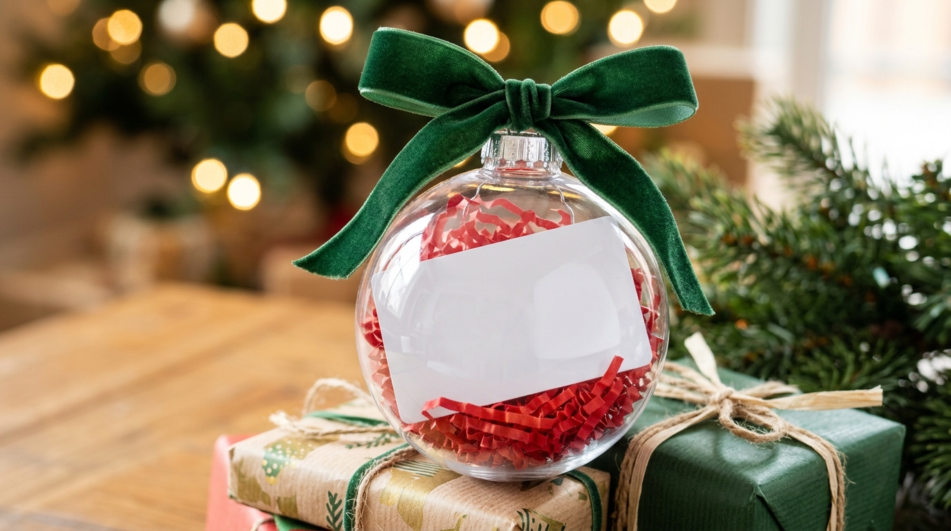 Fillable Christmas ornaments idea with a rolled gift card inside a clear ball with shredded red paper