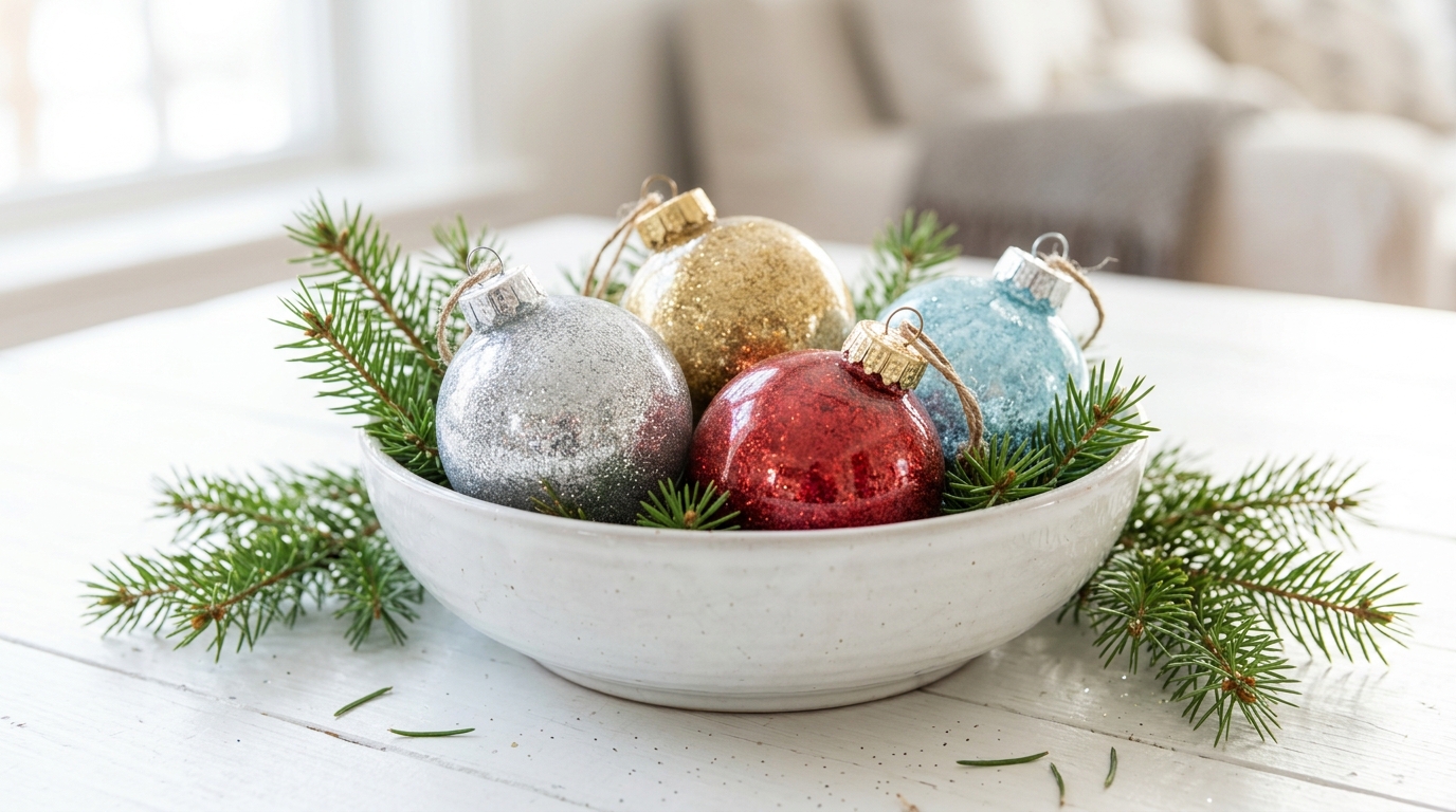 Clear ornaments coated inside with silver, gold, red and pale blue glitter in a white bowl with pine sprigs