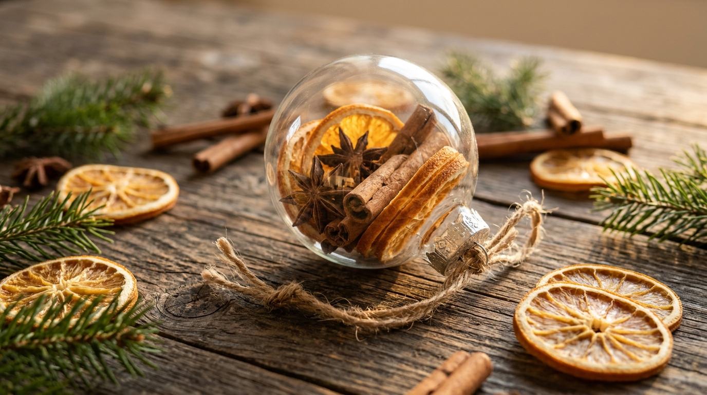 Fillable Christmas ornaments packed with dried orange slices, cinnamon sticks and star anise