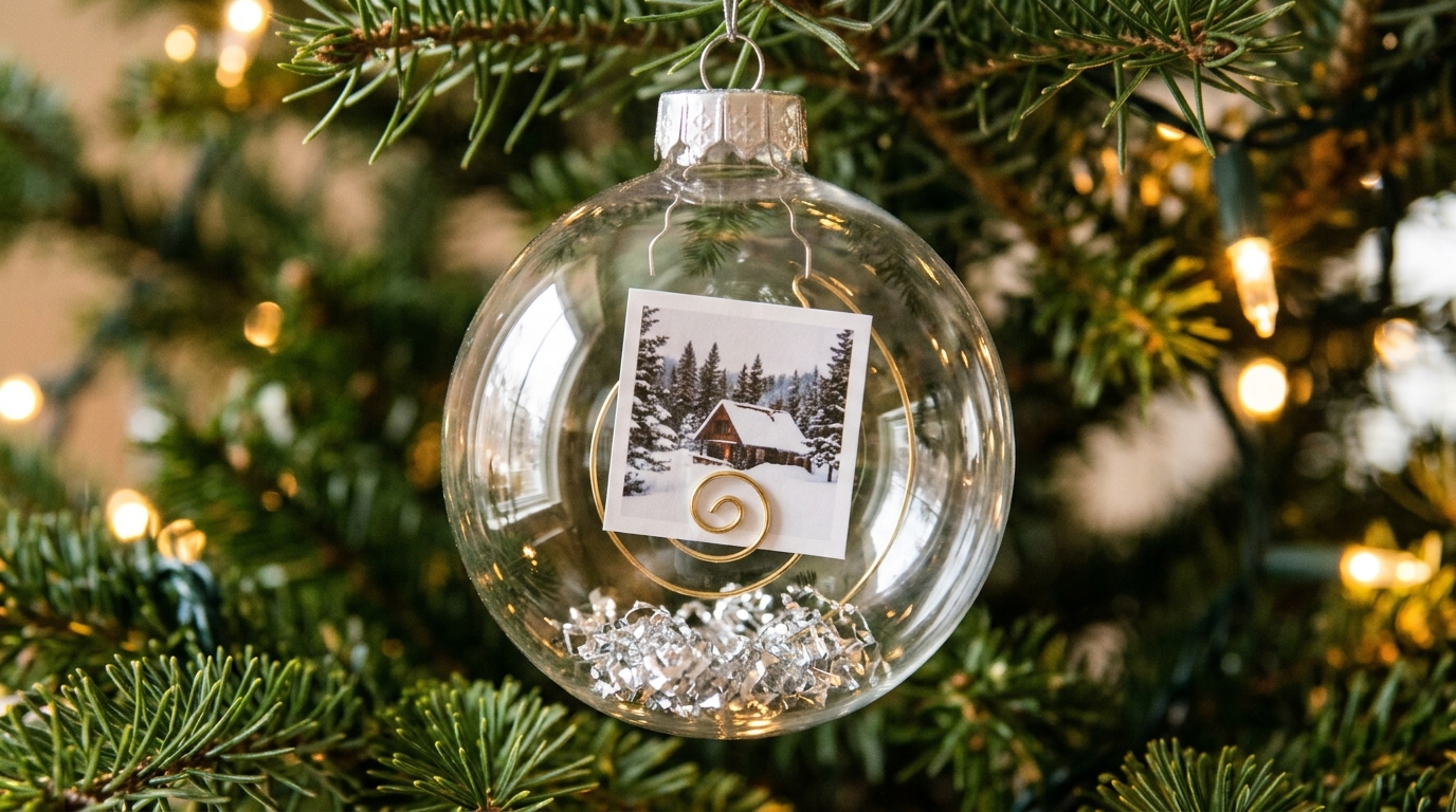 Fillable Christmas ornaments with a small snowy cabin photo held on a curled gold wire inside a clear ball
