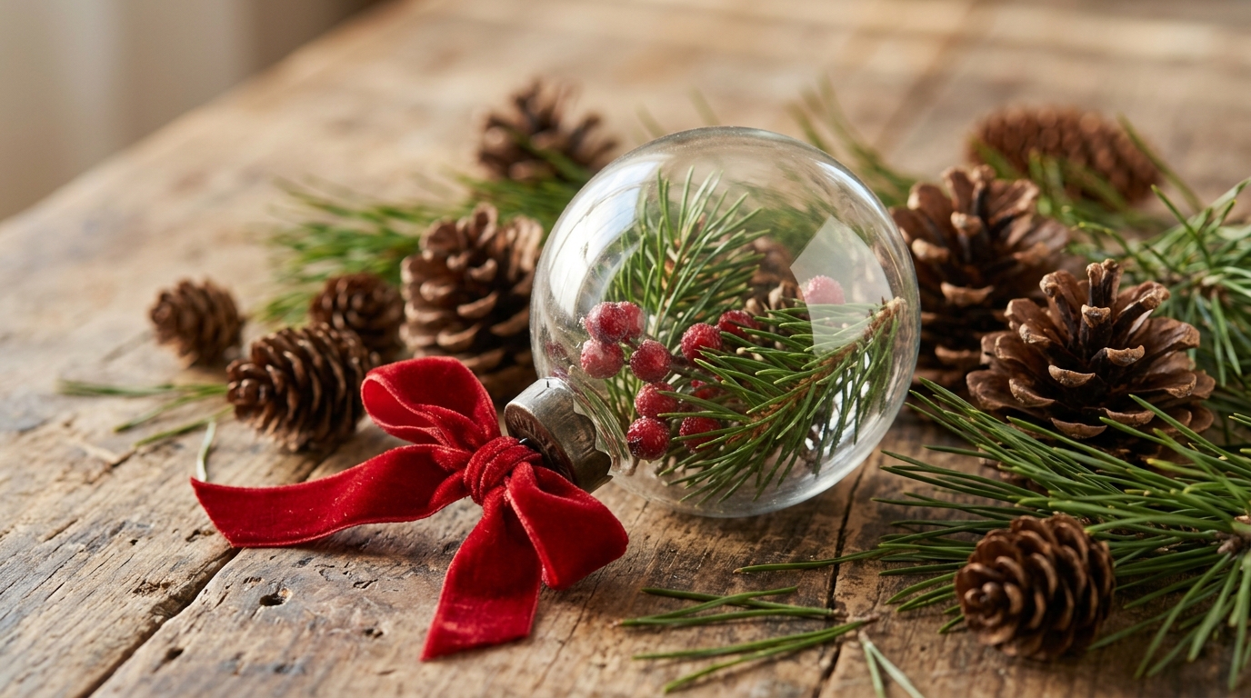 Fillable Christmas ornaments stuffed with pine sprigs and faux red berries on a rustic table