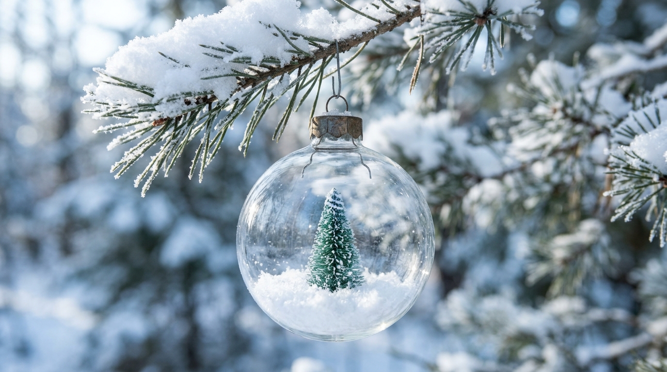 Clear ornament with fluffy fake snow and a tiny green bottle brush tree inside hanging on a branch