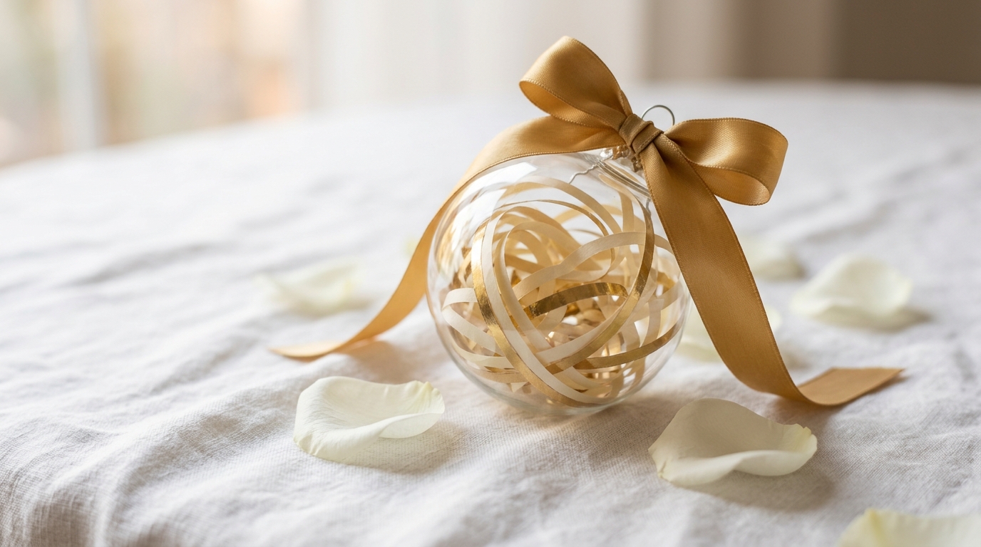 Clear ornament filled with thin curled strips of a cream wedding invitation and a gold ribbon