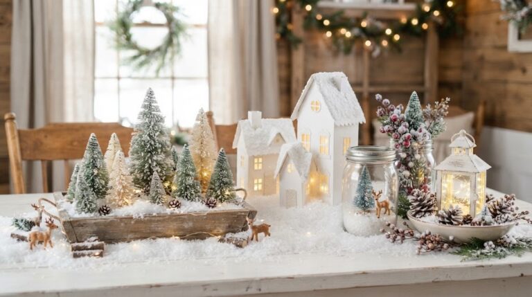 Faux Snow Christmas Decor tray with frosted mini trees, snowy houses and Epsom salt jars on a white table