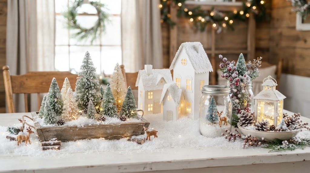 Faux Snow Christmas Decor tray with frosted mini trees, snowy houses and Epsom salt jars on a white table