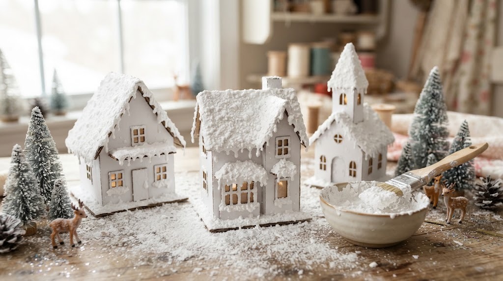 Cardboard village houses with baking soda snow paint on the roofs for Faux Snow Christmas Decor