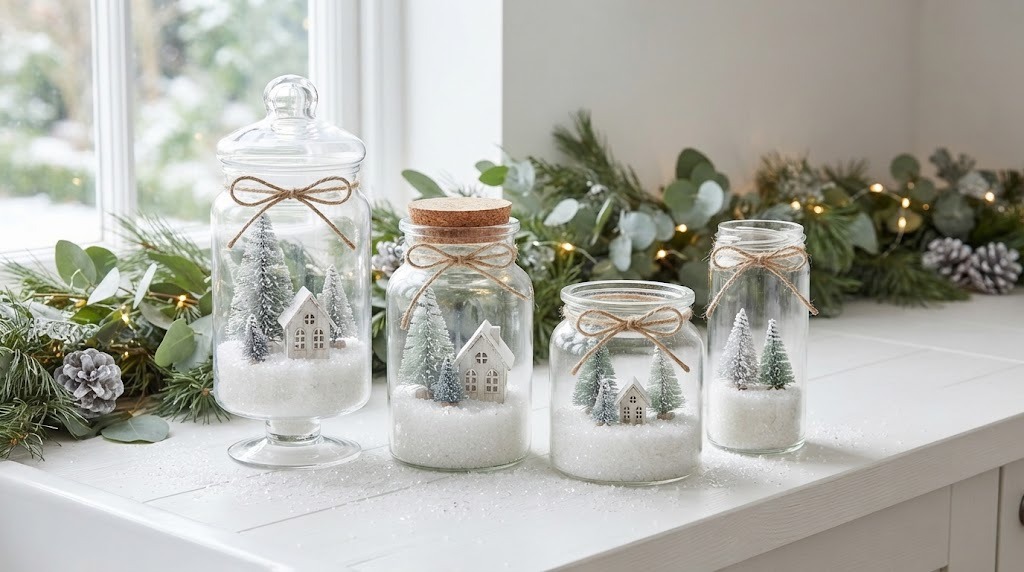 Glass jars filled with Epsom salt snow and mini trees as Faux Snow Christmas Decor