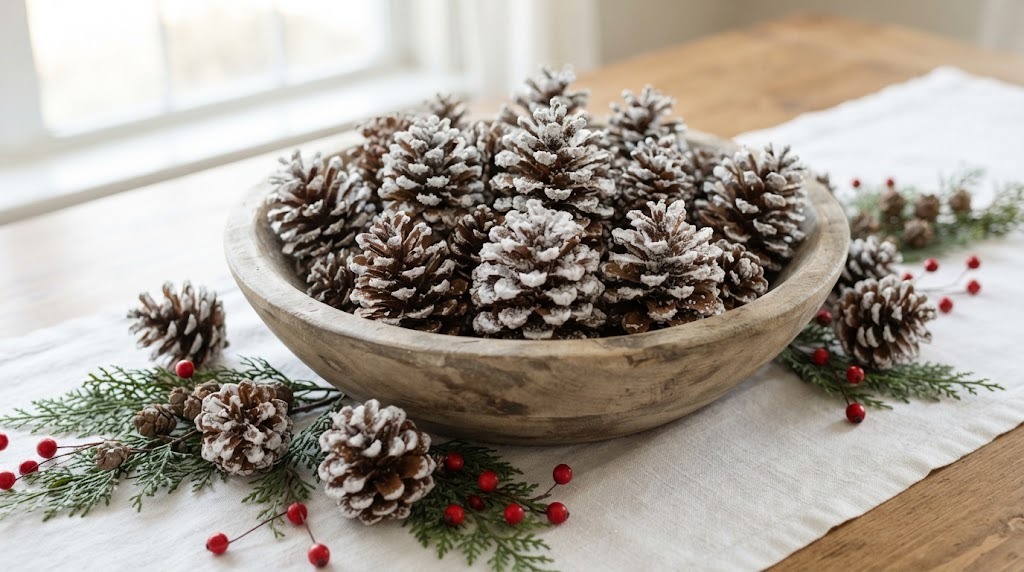 Wooden bowl of pinecones with white snow dusted tips