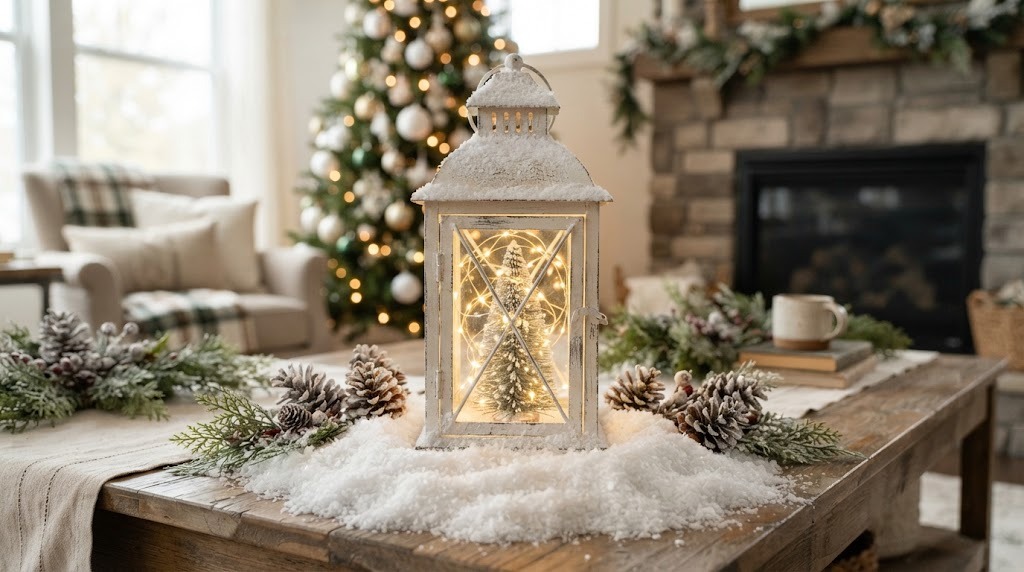 White lantern with battery fairy lights and a mini tree sitting in faux snow