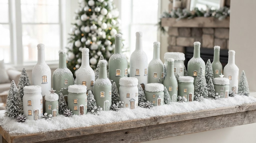 Painted glass bottle village with snowy caps on a mantel shelf for Faux Snow Christmas Decor