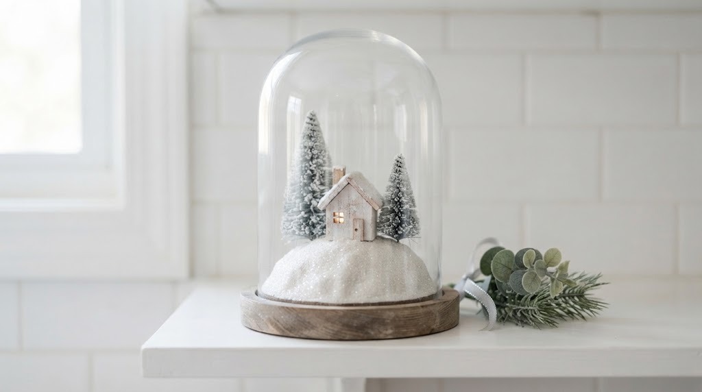 Glass cloche over a tiny white house and frosted trees on faux snow
