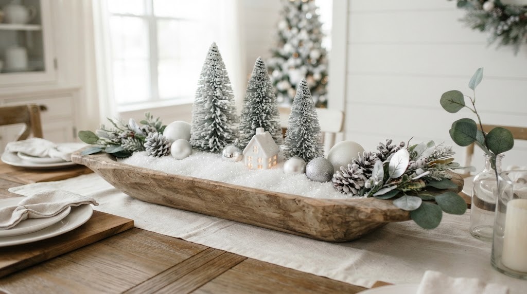 Wooden dough bowl Faux Snow Christmas Decor with mini trees, ornaments and pinecones
