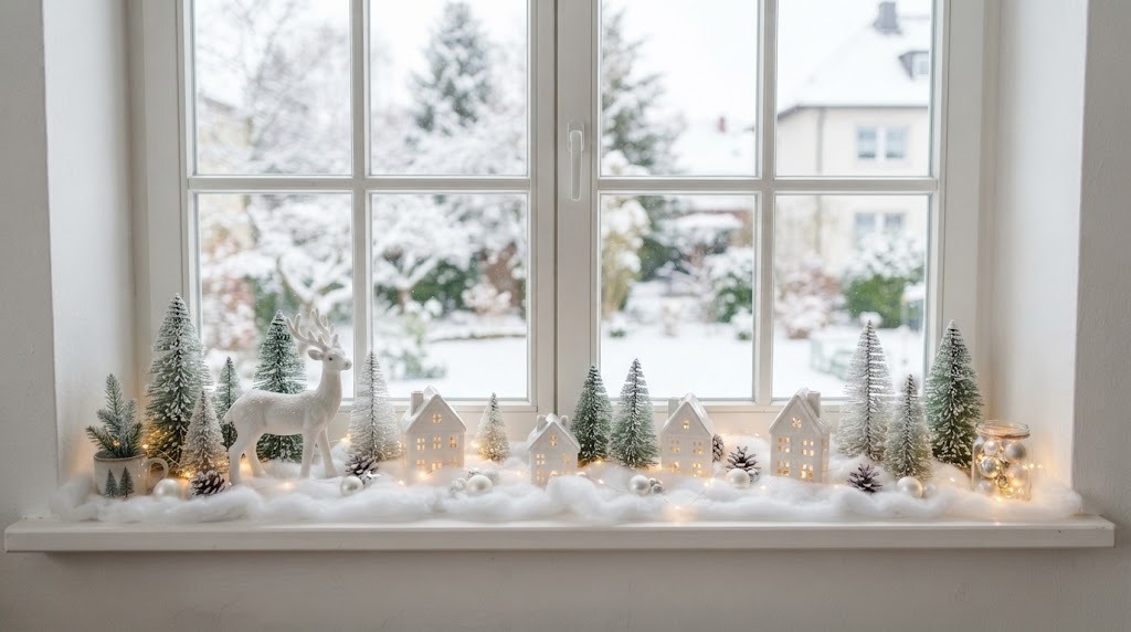 Kitchen window ledge Faux Snow Christmas Decor with tiny houses, trees and a white deer