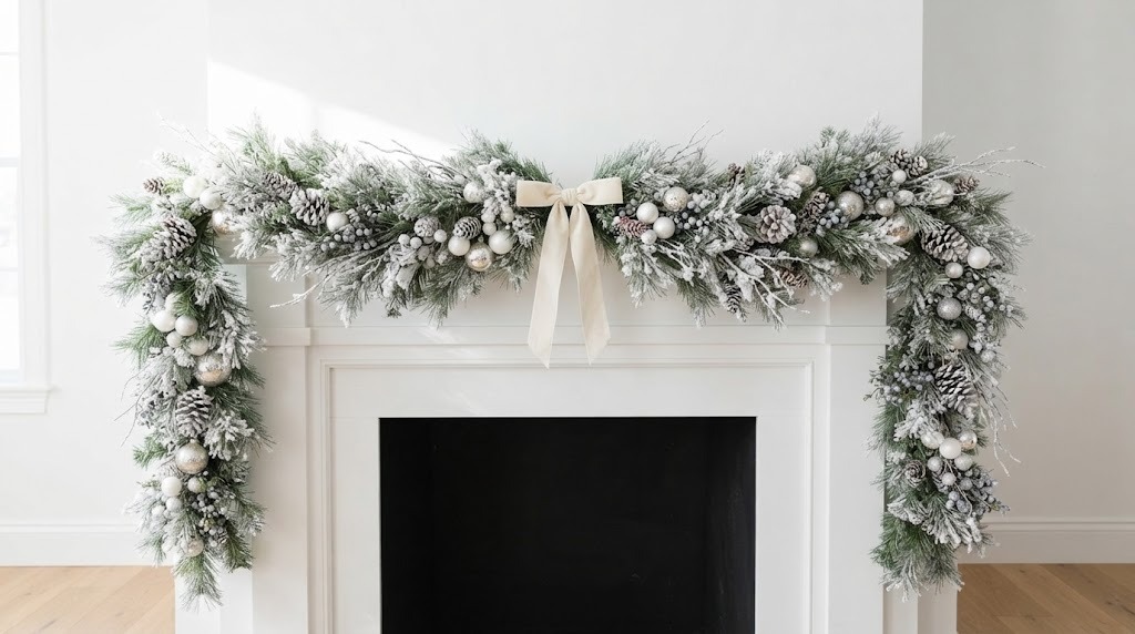 Pine garland with snowy tips and pinecones draped across a white mantel