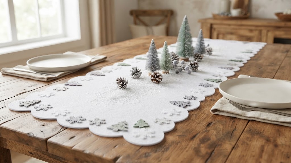 White felt table runner with felt snowflakes and trees and snowy pinecones