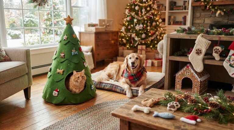 Pet Christmas DIY projects including a felt tree cat cave, sweater stockings and a gingerbread cat house