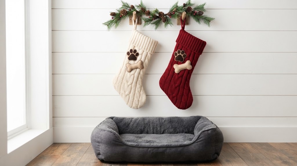 Pet Christmas DIY stockings sewn from old sweaters with felt paw and bone patches