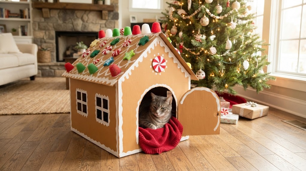 Cardboard gingerbread house cat bed with a tabby cat inside, a Pet Christmas DIY