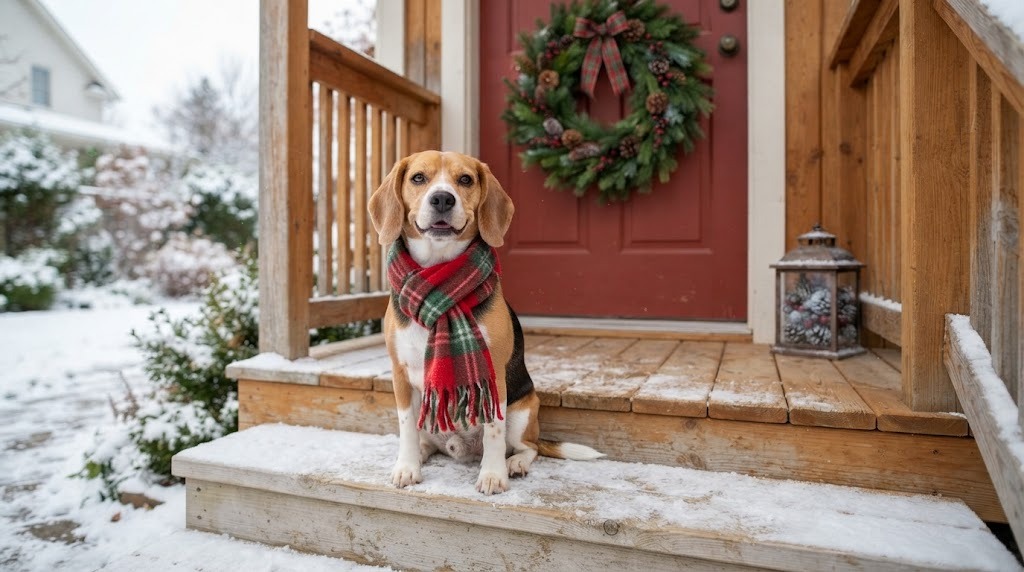 Beagle wearing a no sew plaid fleece scarf on a snowy porch