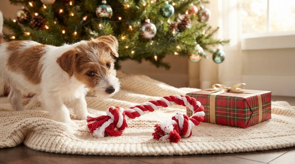 Red and white braided rope candy cane dog toy under a Christmas tree