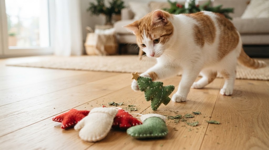 Pet Christmas DIY felt catnip toys shaped like trees, stars and mittens with a cat playing