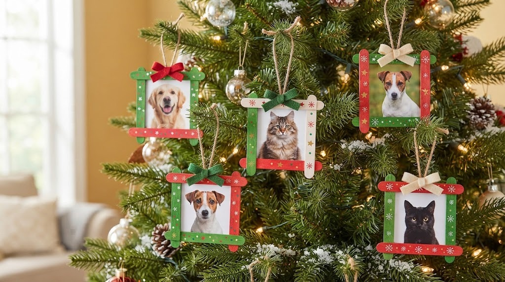 Popsicle stick frame ornaments with dog and cat photos hanging on a Christmas tree