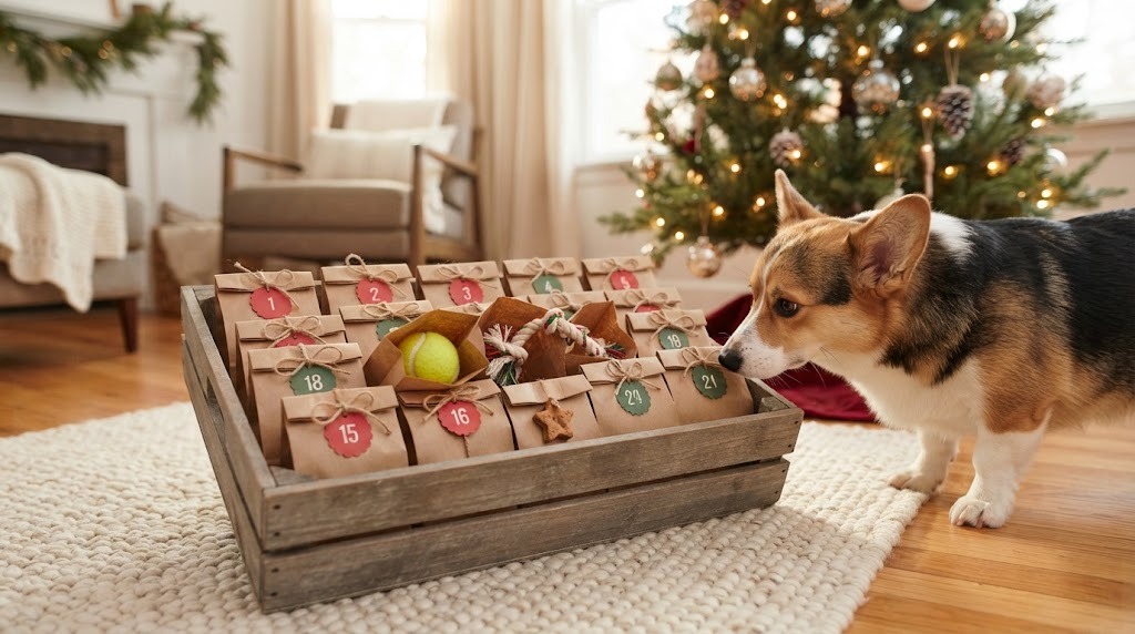Pet Christmas DIY advent crate of numbered kraft bags with a corgi sniffing it