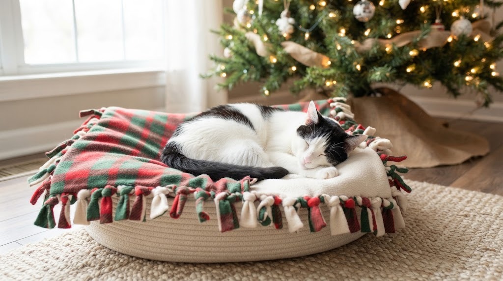 No sew plaid fleece tie blanket in a round pet bed with a sleeping cat