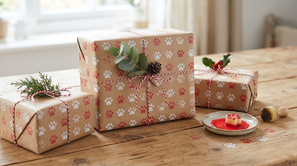 Kraft paper gift wrap stamped with red and white paw prints